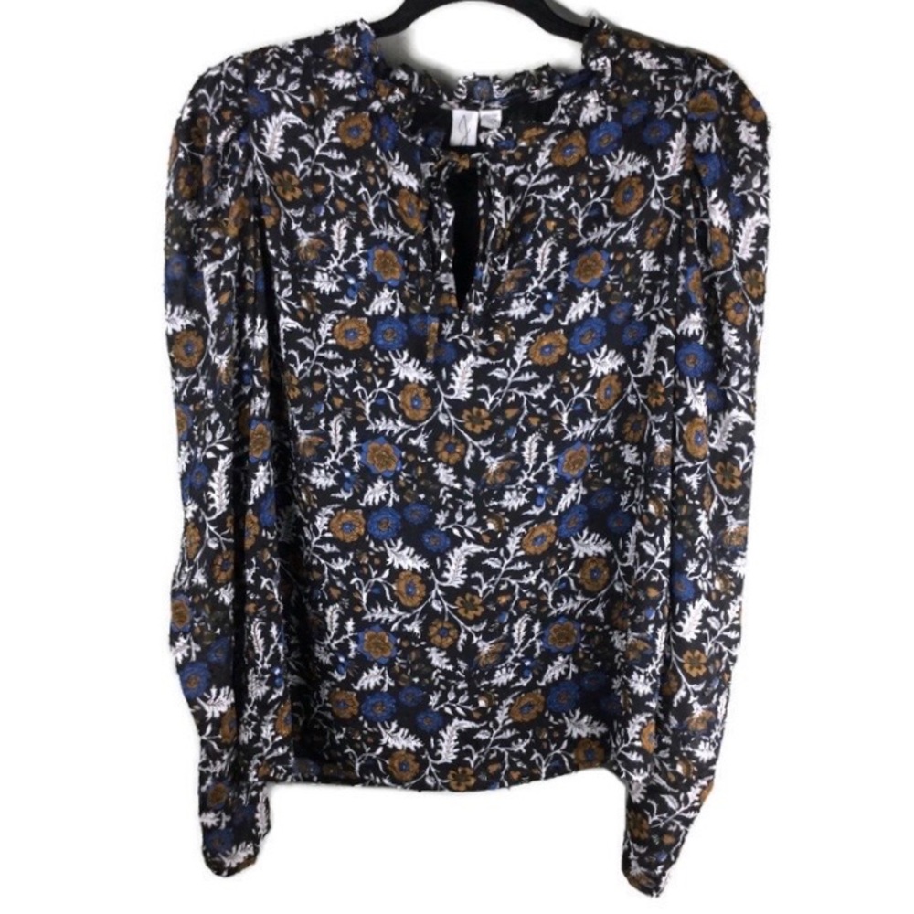 NWT Joie Swiss Dot Floral Print Ruffled Split Tie Neck Blouse Size XS